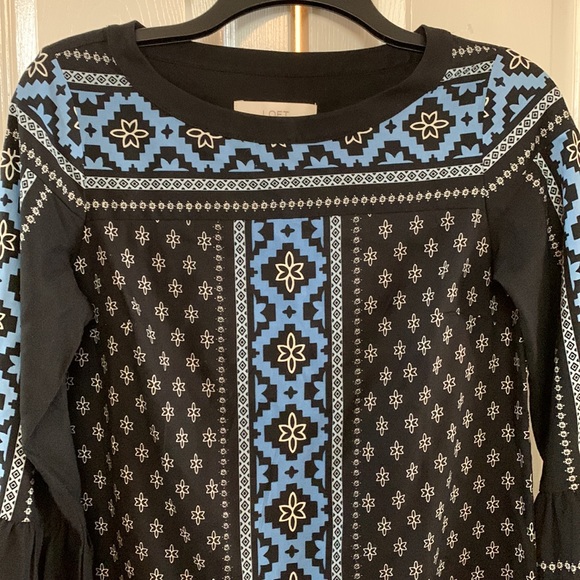 Loft black and blue border print tunic top/mini dress w bell sleeves sz XSP - Picture 2 of 5